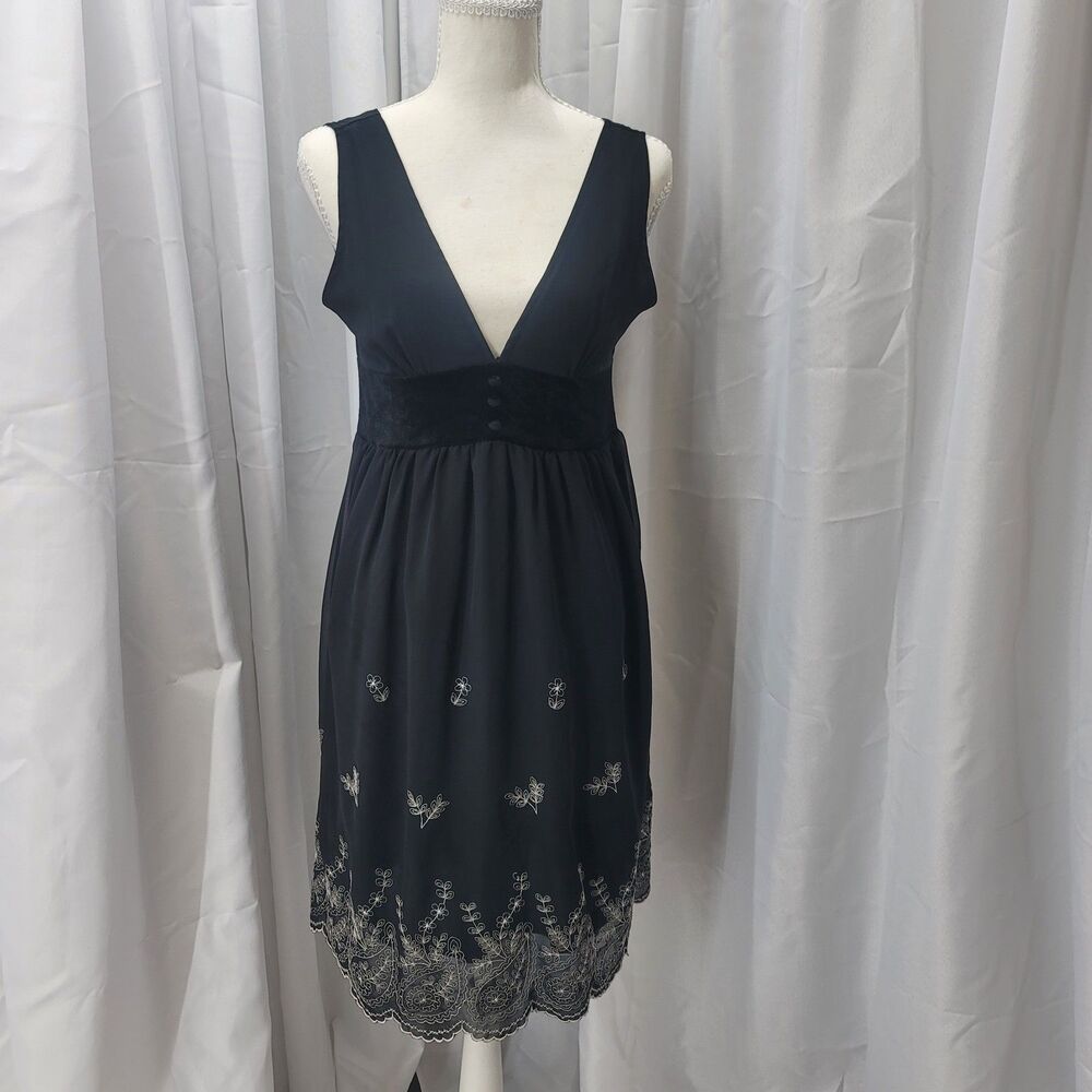 Vintage Japan Clef deSol Embroidered Black Dress Velvet Empire Waist Chiffin Y2K